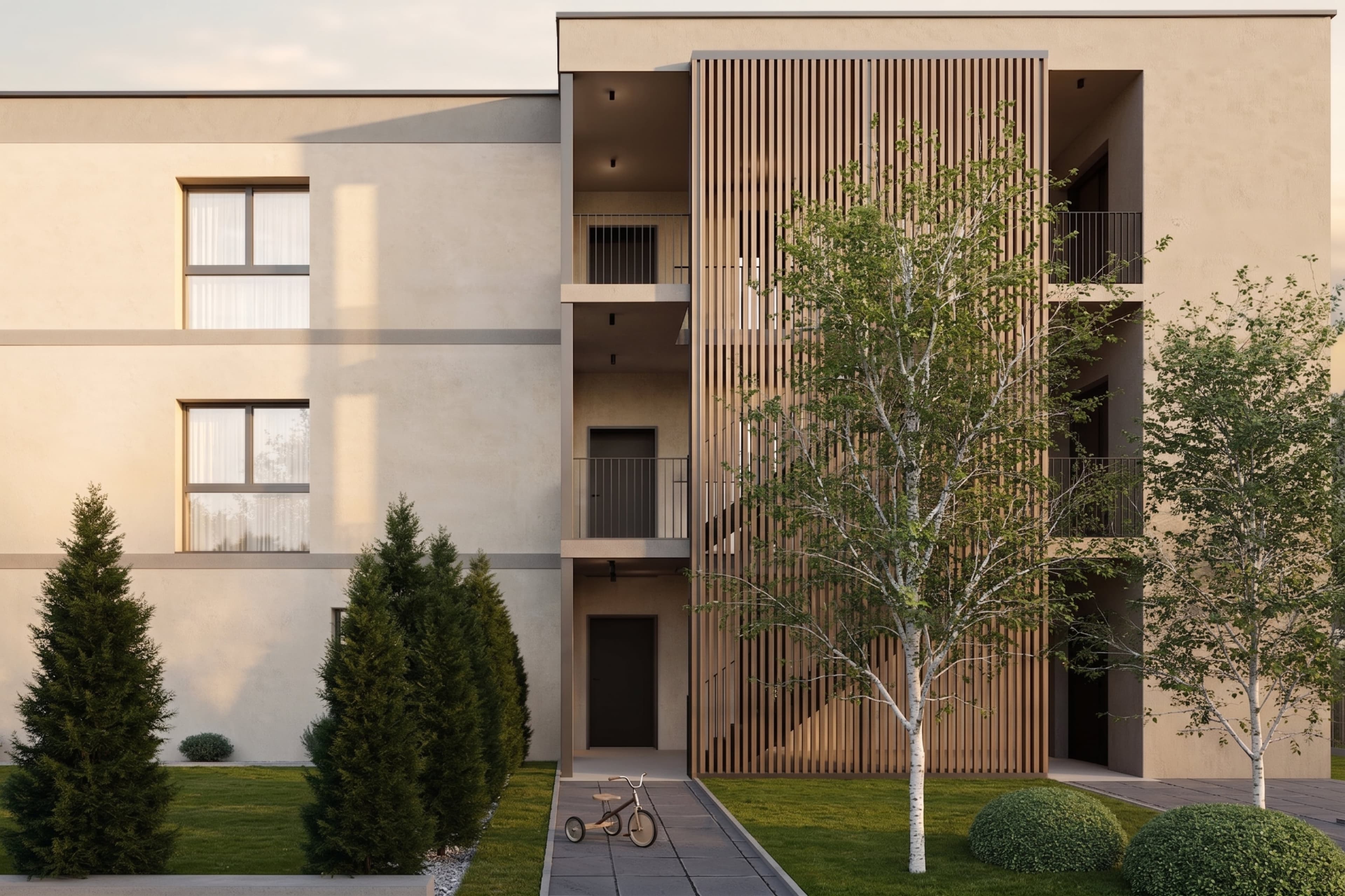 Aussenansicht Mehrfamilienhaus Obermattweg 20 — Fassade mit Holzlamellen, Buchs AG — Visualisierung